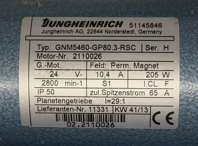 Moteur pour Matériel de manutention Jungheinrich 51145846 Steeringmotor 24V type GNM5460 GP80,3 RSC Steering sensor  52037950 year 2013 motor nr. 2110026: photos 3