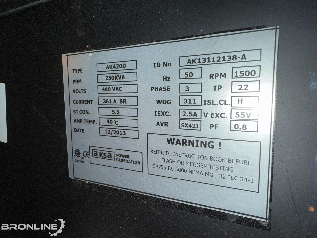 Groupe électrogène 2014 Aksa AD275 Diiselgeneraator 250kVA 50Hz: photos 16