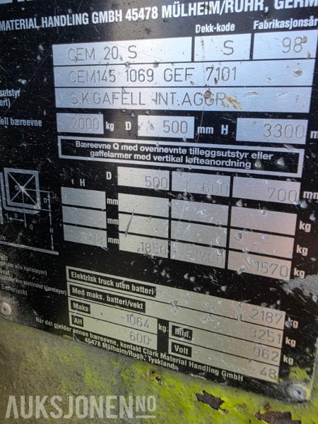 1998 Clark CEM 20 S Truck - MVA-FRI - INGEN MINSTEPRIS - Matériel de manutention: photos 5 1998 Clark CEM 20 S Truck - MVA-FRI - INGEN MINSTEPRIS - Matériel de manutention: photos 5
