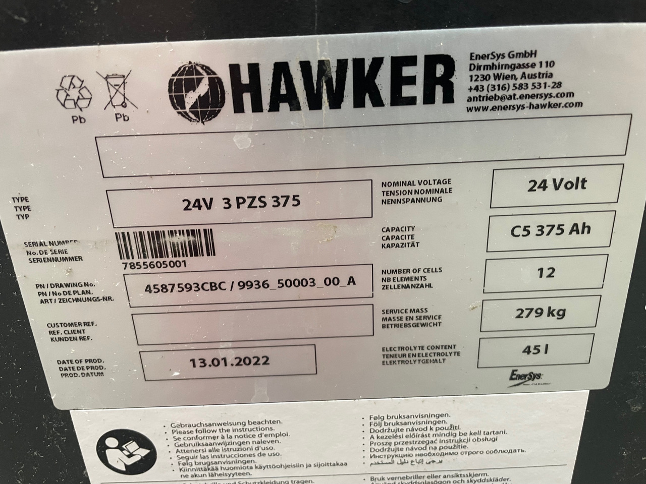 Hawker 24 Volt I 3 PZS 375 - Accumulateur pour Matériel de manutention: photos 2 Hawker 24 Volt I 3 PZS 375 - Accumulateur pour Matériel de manutention: photos 2