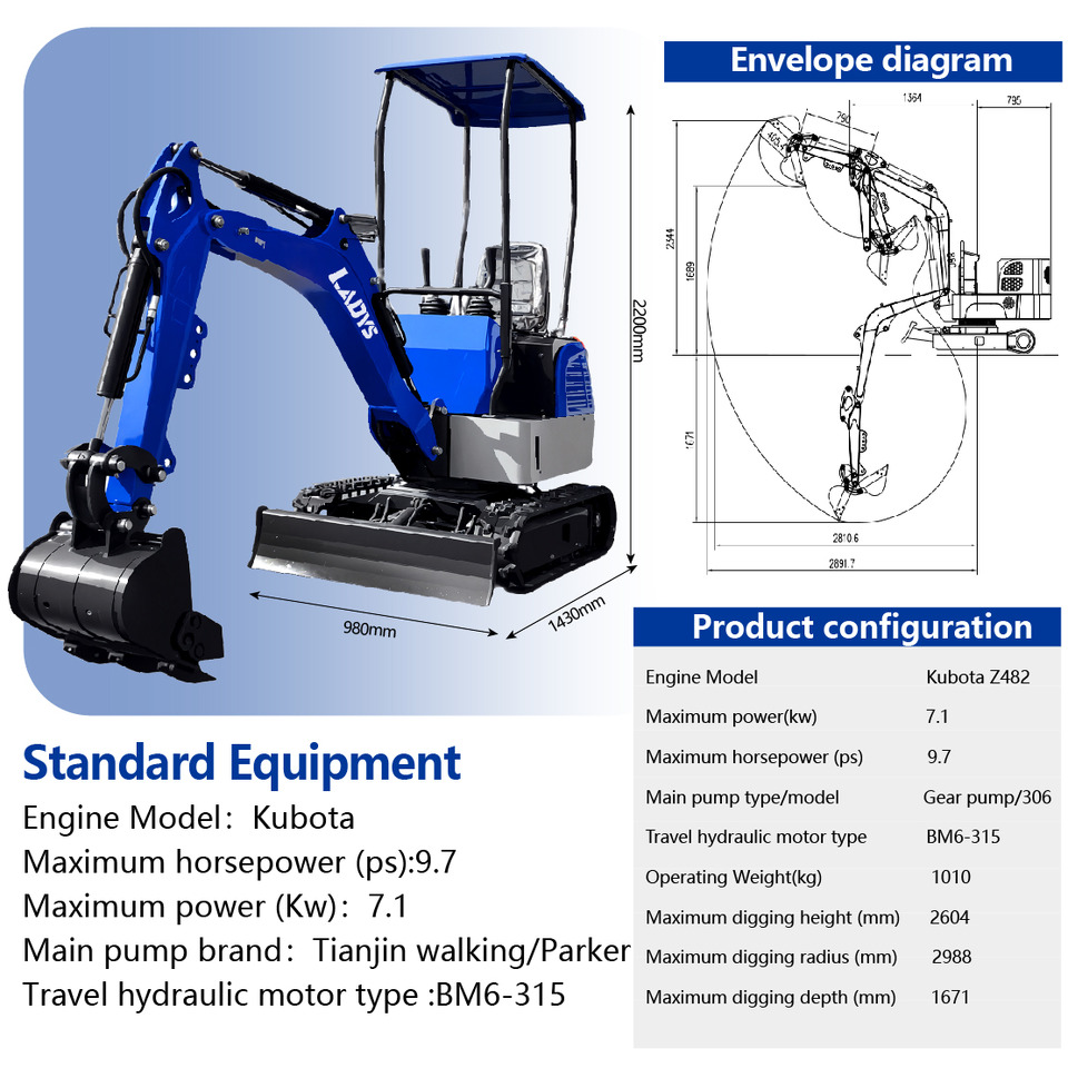 LADYS DY12Pro Mini Excavator Kubota Engine Euro 5/EPA/CE Mini Excavator Digger Miniexcavadora Mini Excavator For Sale - Pelle sur chenille: photos 2 LADYS DY12Pro Mini Excavator Kubota Engine Euro 5/EPA/CE Mini Excavator Digger Miniexcavadora Mini Excavator For Sale - Pelle sur chenille: photos 2