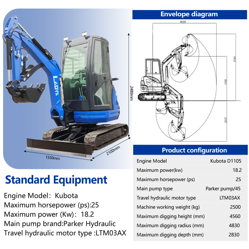 LADYS DY25U Mini Excavator Kubota Euro 5/Epa Engine Mini Excavator For Sale - Mini pelle: photos 2 LADYS DY25U Mini Excavator Kubota Euro 5/Epa Engine Mini Excavator For Sale - Mini pelle: photos 2