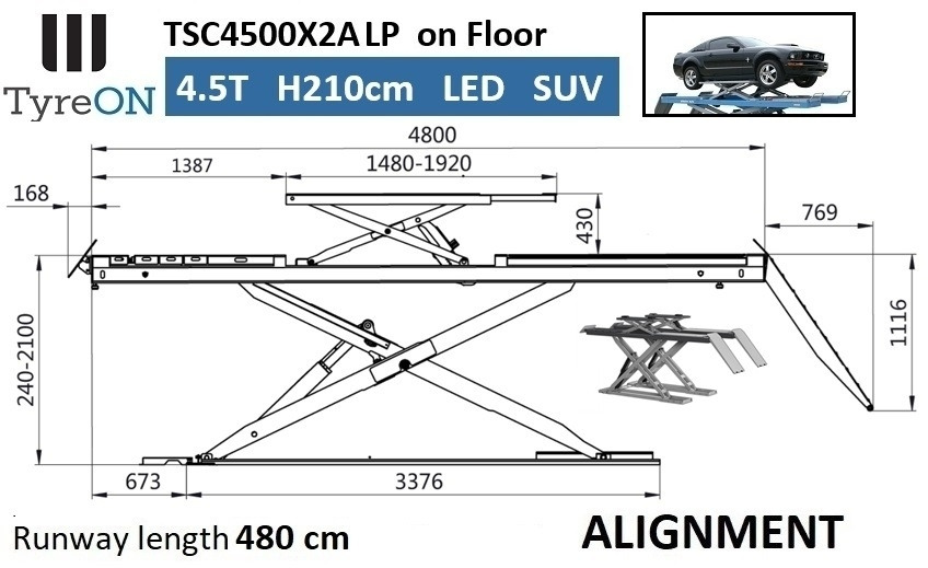 TSC4500X2A LP wheel alignment lift - On floor - Free wheel lifting system - 4.8 m led lightened runways (63 cm wide) - 210 cm lifting height - 4.5 T - Matériel de magasinage: photos 2 TSC4500X2A LP wheel alignment lift - On floor - Free wheel lifting system - 4.8 m led lightened runways (63 cm wide) - 210 cm lifting height - 4.5 T - Matériel de magasinage: photos 2
