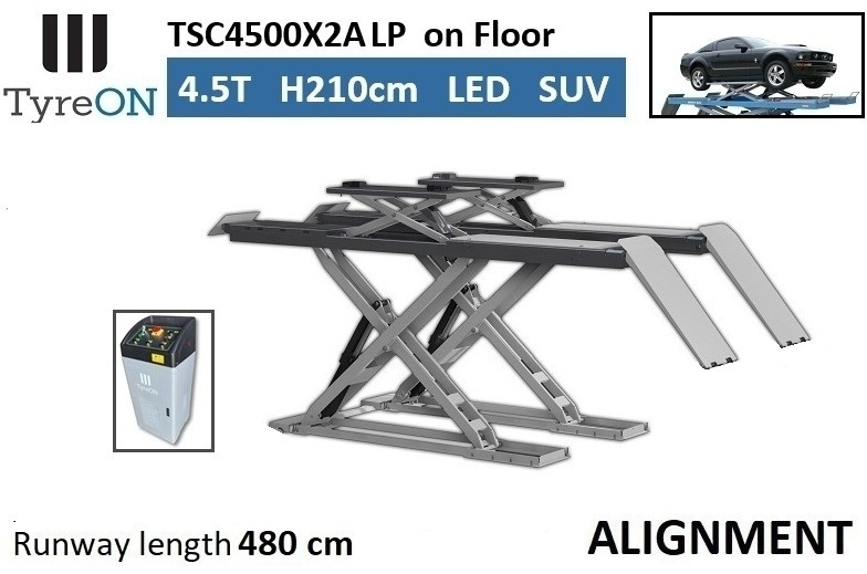 TSC4500X2A LP wheel alignment lift - On floor - Free wheel lifting system - 4.8 m led lightened runways (63 cm wide) - 210 cm lifting height - 4.5 T - Matériel de magasinage: photos 1 TSC4500X2A LP wheel alignment lift - On floor - Free wheel lifting system - 4.8 m led lightened runways (63 cm wide) - 210 cm lifting height - 4.5 T - Matériel de magasinage: photos 1