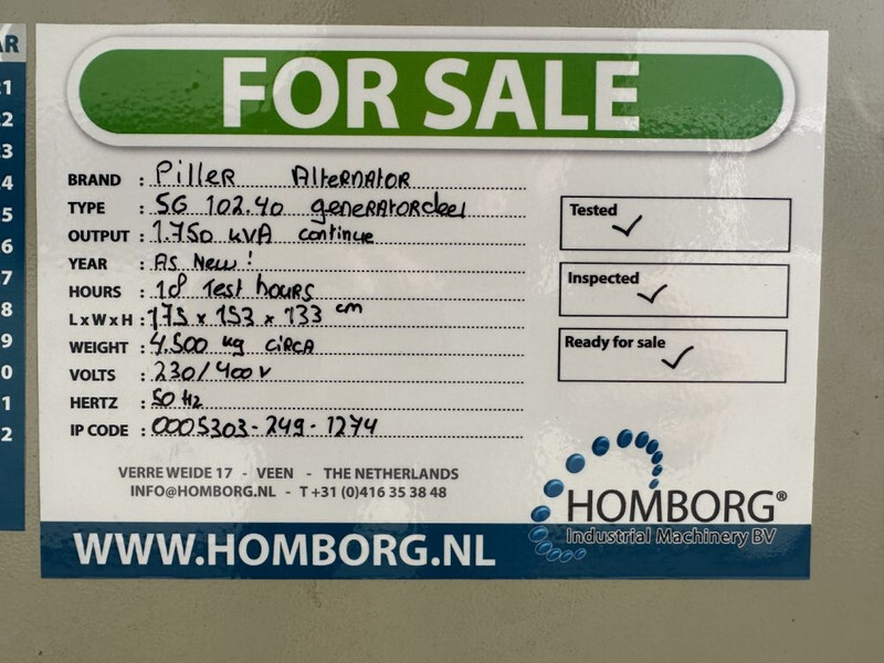 Groupe électrogène PILLER SG 102.40 Pillar 1750 kVA generatordeel Alternator as New ! 18 test hours !: photos 9