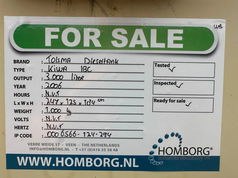 Cuve de stockage Tolsma Kiwa IBC 3000 liter Dieseltank Milieutank: photos 12 Cuve de stockage Tolsma Kiwa IBC 3000 liter Dieseltank Milieutank: photos 12