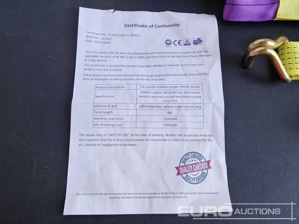 Matériel de chantier Unused Boss 4M x 50mm 5 Ton Ratchet Straps with Sling (4 of): photos 33